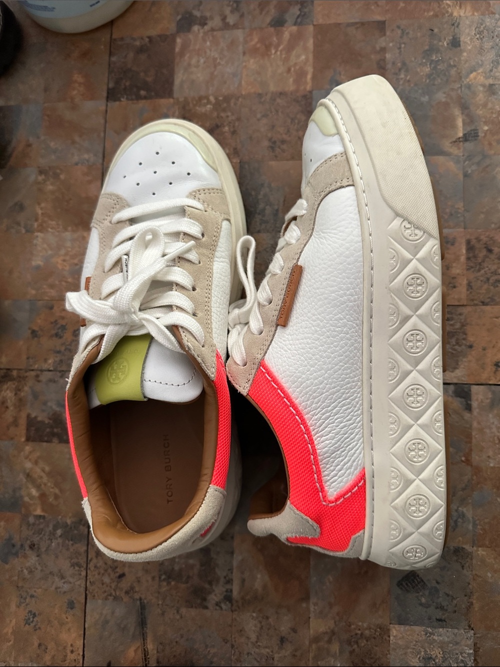 Tory Burch LadyBug White Leather Sneakers with Neon Coral Accent